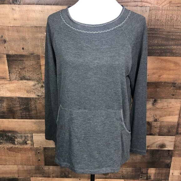 Max Studio Blouse Long Sleeve Dark Grey Kangaroo Pocket Side Slits Small - Picture 2 of 16